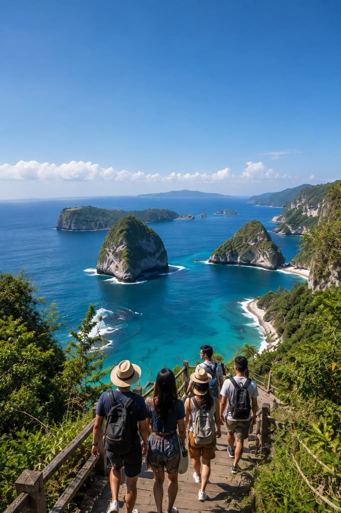 Corporate team descending coastal stairs during an incentive trip with tropical islands and blue sky