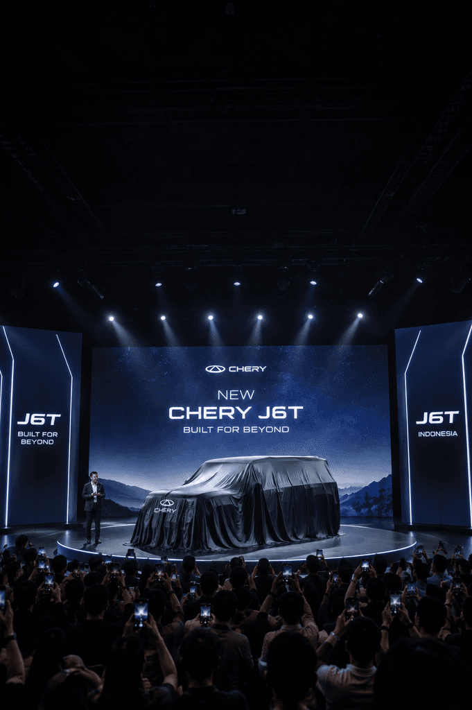 Chery J6T automotive product launch in Indonesia with covered vehicle on stage and audience recording
