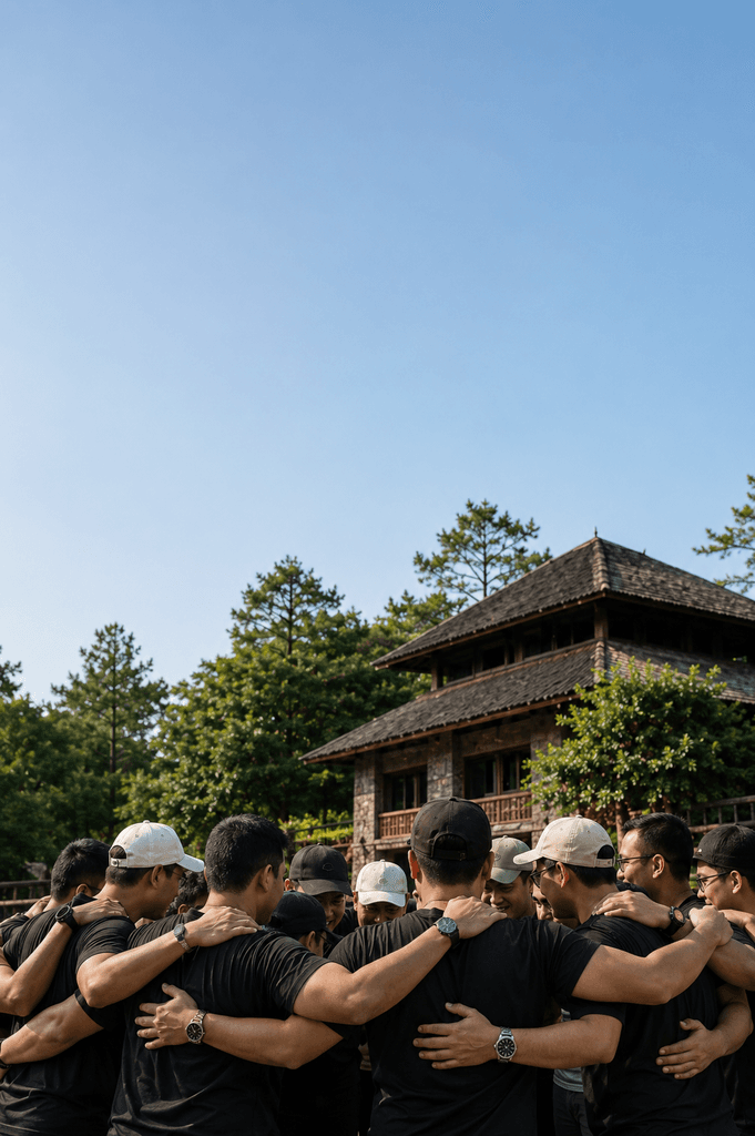 Corporate team in a huddle during an outdoor team building event