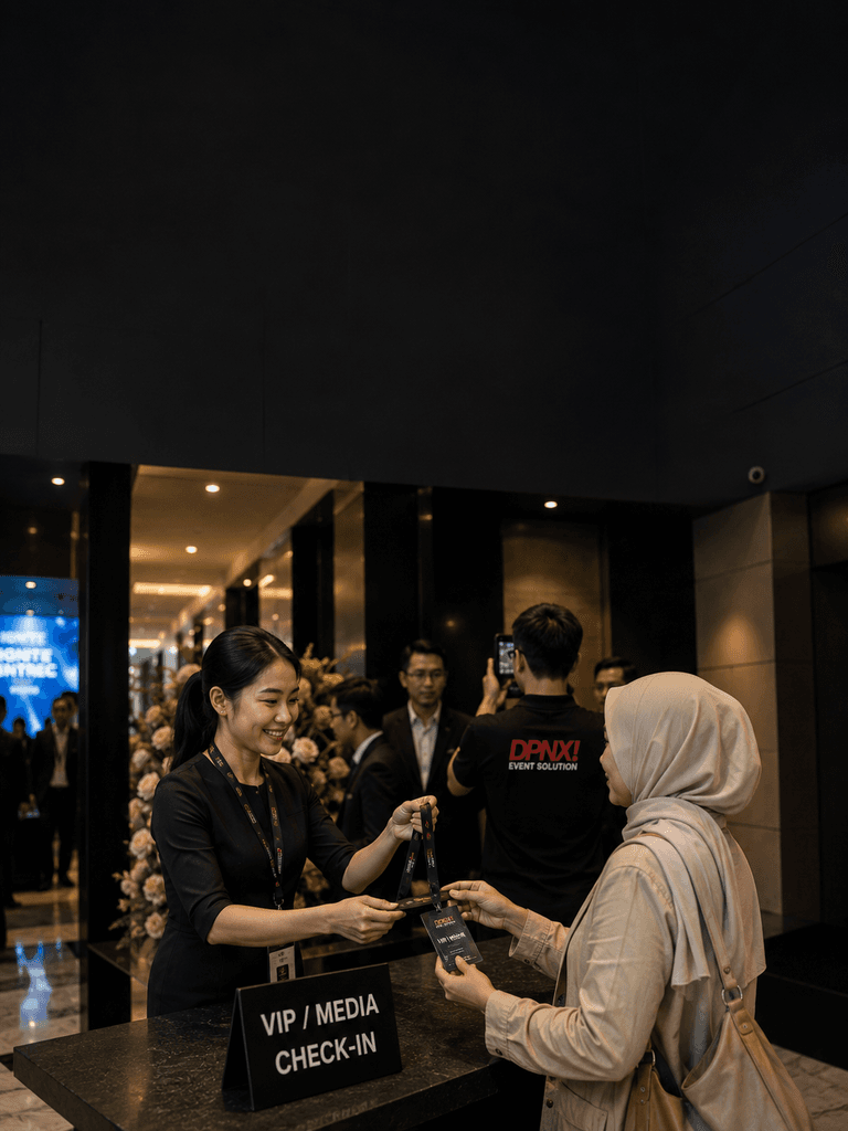 Event staff assisting a guest at VIP media check-in with DPNX crew documenting in the background