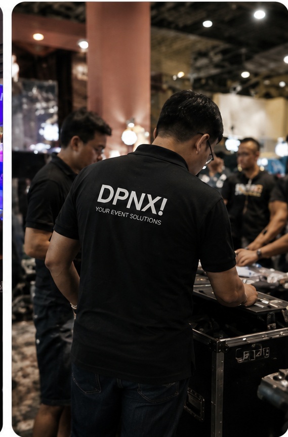 DPNX Event Solution crew member at BAF Fair with logo on shirt during event setup